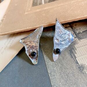 Artisan Made Sterling & Black Onyx Liquid Textured Triangle Pierced Earrings.